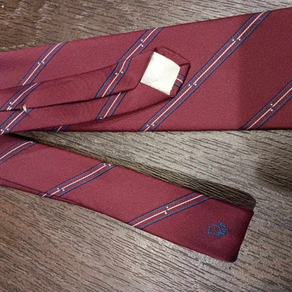 Vintage Christian Dior Designer Burgundy Brown Blue Stripe Silk Blend Tie Dad Me